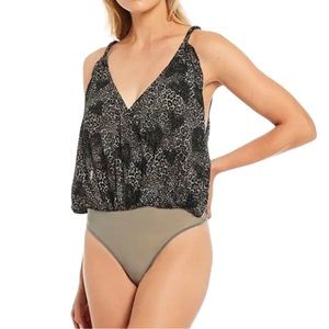 Free People NWT Siren Song Wrap Sleeveless Thong Bodysuit Black Animal Print L